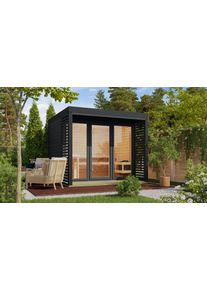 Saunahaus Karibu "Anja 3", grau (anthrazit), Saunaofen, externe Steuerung, 9 kW, Saunen, Saunahaus