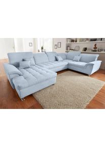 Wohnlandschaft DOMO collection "FRANZI 344x206x81 cm, elegant, komfortabel", blau (pastelblau), Sofas, B/H/T: 344cm x 81cm x 206cm, Chenille, Recamiere links, ohne Funktion, Flachgewebe (100% Polyester);Chenille (100% Polyester), Wohnlandschaft, U-Form, Recamiere links, pastelblau, B/T: 344/206 cm, B:344cm H:81cm T:206cm