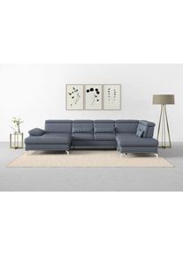 Sit & More Wohnlandschaft SIT & MORE "Cabrio U-Form, B: 359 cm, mit Sitztiefen-, Arm- & Kopfteilverstellung", blau (graublau), B:359cm H:87cm T:230cm, Sofas, Wohnlandschaft, 3 Nierenkissen, Federkern, optional Bettfunktion und Stauraum