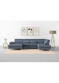 Sit & More Wohnlandschaft SIT & MORE "Cabrio U-Form, B: 359 cm, mit Sitztiefen-, Arm- & Kopfteilverstellung", blau (graublau), B:359cm H:87cm T:230cm, Sofas, Wohnlandschaft, 3 Nierenkissen, Federkern, optional Bettfunktion und Stauraum
