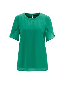 Kurzarmbluse GOLDNER "Kurzgr&ouml;&szlig;e Elegantes Blusenshirt mit Rundhals", Damen, Gr. 22, orange (koralle), Obermaterial: 100% Polyester PES., figurumspielend, Chiffonbesatz, Blusen Kurzarmbluse, Ohne