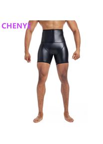 Mens New Fitness Slim Stretch Leather Pants Body Shapers Waist Trainer High Waist Abdomen 3 Hooks Compression Leather Shorts