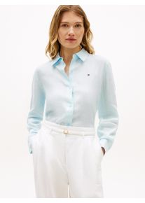 Hemdbluse Tommy Hilfiger "ESS LINEN RELAXED SHIRT", Damen, Gr. 42, keepsake blau, Web, Obermaterial: 100% Leinen, unifarben, relaxed fit h&uuml;ftlang, 1-Knopf-Manschette, Blusen Hemdbluse, mit Logostickerei,k&uuml;hlendes Premium Leinen