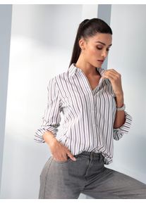 Hemdbluse Heine, Damen, Gr. 50, ecru, schoko, gestreift, 65% Polyester, 35% Baumwolle, gemustert, gestreift, mehrfarbig, Blusen Hemdbluse