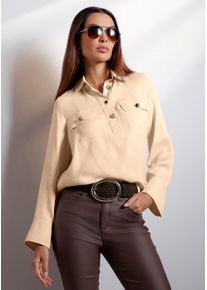 Langarmbluse Heine, Damen, Gr. 50, beige (champagner), 100% Viskose, unifarben, V-Ausschnitt, Blusen Langarmbluse