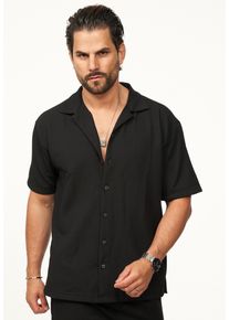 Kurzarmhemd Carisma "mit Rippstruktur im Summer-Look f&uuml;r Herren", Herren, Gr. XL, US, schwarz, Obermaterial: 95% Polyester PES. 5% Elasthan EL., Hemden Kurzarmhemd, Kurzarm Strick Polo-Hemd T-Shirt mit Streifenmuster