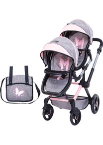 Puppen-Zwillingsbuggy BAYER "Xeo Twin grau/rosa", grau (grau, rosa), Puppenwagen, KinderB:35cm H:76,5cm T:80cm, Kunststoff, Metall, Stoff, Puppen-Zwillingsbuggy, mit Wickeltasche, B:35cm H:76,5cm T:80cm