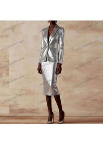New Silver Sequin Blazer Skirt Women Suits Lady Formal Business Tuxedos Mother Wedding Party Ladies 2 Piece Set Jacket Skirt