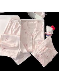Hello Kittywomen's Ice Silk Pajamas Summer Sweet Short Sleeve Shorts Long Pants 3-Piece Home Clothes 2025Women's Summernew Model