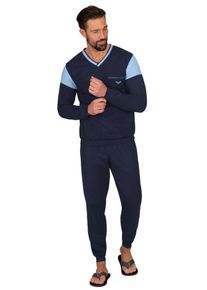 Schlafanzug TRIGEMA "TRIGEMA Schlafanzug in modischem Design", Herren, Gr. S, blau (navy), Single Jersey, 100% Baumwolle, Basic, V-Ausschnitt, Homewear-Sets Schlafanzug