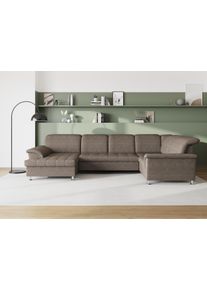 Wohnlandschaft DOMO collection "FRANZI 344x206x81 cm, elegant, komfortabel", beige (beige, braun), Sofas, B/H/T: 344cm x 81cm x 206cm, Struktur grob, Recamiere links, ohne Funktion, Flachgewebe (100% Polyester);Chenille (100% Polyester), Wohnlandschaft, U-Form, Recamiere links, beige-braun, B/T: 344/206 cm, B:344cm H:81cm T:206cm