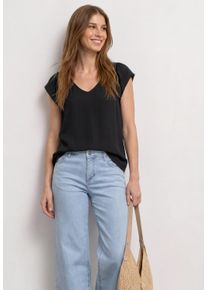 Kurzarmbluse Street One, Damen, Gr. 38, schwarz, Web, Obermaterial: 100% Viskose, unifarben, normal h&uuml;ftbedeckend, Rundhals, abgesteppte Kante, Blusen Kurzarmbluse, Sommershirt mit H&auml;kel/Tape-Details und V-Neck
