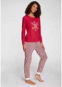 Pyjama Lascana, Damen, Gr. 40/42, blau (rot, wei&szlig;, gestreift), Single Jersey, Obermaterial: 100% Baumwolle, gestreift, bequem lang, Rundhals, B&uuml;ndchen, Homewear-Sets Pyjama, Mit Weihnachtlichem Muster