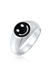 Siegelring Kuzzoi "Ring Herren Siegelring Smiling Emaille 925 Silber" Gr. 66, schwarz, Fingerringe, Herren, 66, ohne Stein, Silber 925 (Sterlingsilber), 11mm, Siegelring