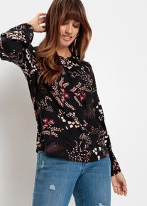 Druckbluse bonprix "Bluse aus nachhaltiger Viskose", Damen, Gr. 52, schwarz (schwarz gebl&uuml;mt), Web, Obermaterial: 100% Viskose, bedruckt, figurumspielend h&uuml;ftbedeckend, Rundhals, mit Gummizug, Blusen Druckbluse, bequeme Passform, aus Viskose, Schlitz mit Knopfverschluss im R&uuml;cken