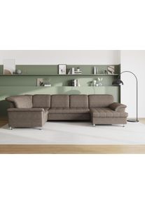 Wohnlandschaft DOMO collection "FRANZI 344x206x81 cm, elegant, komfortabel", beige (beige, braun), Sofas, B/H/T: 344cm x 81cm x 206cm, Struktur grob, Recamiere rechts, ohne Funktion, Flachgewebe (100% Polyester);Chenille (100% Polyester), Wohnlandschaft, U-Form, Recamiere rechts, beige-braun, B/T: 344/206 cm, B:344cm H:81cm T:206cm