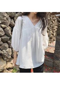 Women V Neck Gathered Bust Blouse Loose Puff 3/4 Lantern Sleeve Shirts Wrinkle Textured Fabric Blouses ﻿ ﻿