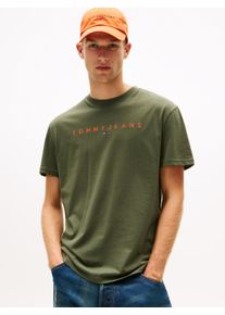 T-Shirt Tommy Jeans "TJM REGULAR LINEAR LOGO EXT", Herren, Gr. L, gr&uuml;n (pewter gr&uuml;n multi), Single Jersey, Obermaterial: 100% Baumwolle, bestickt, unifarben, regular fit normal, Rundhals, abgesteppte Kante, Shirts T-Shirt, Rundhals, Regular Fit