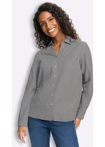 Langarmbluse Heine, Damen, Gr. 50, grau, ecru, kariert, 50% Baumwolle, 50% Polyester, gemustert, kariert, mehrfarbig, V-Ausschnitt, Blusen Langarmbluse