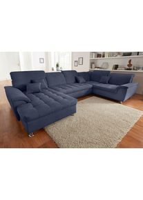 Wohnlandschaft DOMO collection "FRANZI 344x206x81 cm, elegant, komfortabel", blau (marine), Sofas, B/H/T: 344cm x 81cm x 206cm, Chenille, Recamiere links, ohne Funktion, Flachgewebe (100% Polyester);Chenille (100% Polyester), Wohnlandschaft, U-Form, Recamiere links, marine, B/T: 344/206 cm, B:344cm H:81cm T:206cm