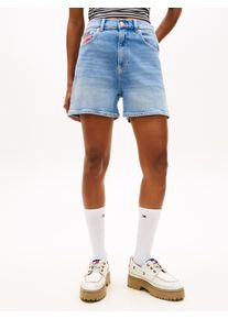 Jeansshorts Tommy Jeans "MOM SHORT RWB BJ8131", Damen, Gr. 33, N-Gr, blau (denim medium), Denim/Jeans, Obermaterial: 81% Baumwolle, 18% Lyocell, 1% Elasthan, straight fit kurz, Jeans Jeansshorts, Straight Fit, Baumwoll-Mix mit Stretch