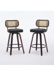 BARHOCKER SET 2 STK. 90 cm Walnuss & Schwarz Drehbare Rattan Barst&uuml;hle mit Polstersitz