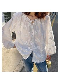 Women 3D Floral Embroidery Tie V Neck Blouse Puff Elastic Cuff Long Sleeve Shirt Solid White Loose Vintage Lace Cutout
