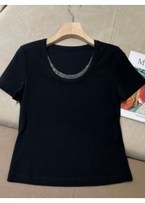 Versatile Heavily Diamond Inlaid Round Neck Tencel Cotton Short sleeved T-shirt for Women