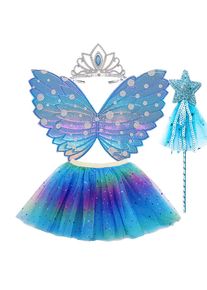 Children Dance Wear Party Accessories Girl Halloween Costume Kids 3 Layers Rainbow Stars Sequins Skirt Wing Crown Wand 4 Pcs/Set