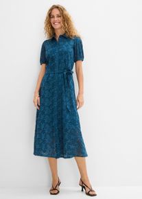 bonprix Lochstickerei-Blusenkleid aus reiner Baumwolle, petrol, Gr.52, feminines Lochstickerei-Blusenkleid aus reiner Baumwolle mit Bindeband in der Taille und Puff&auml;rmeln, aus 100% Baumwolle
