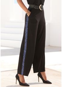 Schlupfhose Lascana "mit lockerem, weitem Bein", Damen, Gr. 52, N-Gr, blau (schwarz), Single Jersey, Obermaterial: 95% Polyester, 5% Elasthan. Einsatz: 95% Polyester, 5% Elasthan, unifarben mit Farbeinsatz, figurumspielend, Hosen Schlupfhose, mit Pailettenstreifen, Partyhose, luftig und festlich, Topseller