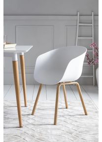 Schalenstuhl Salesfever "Lund Designer Esszimmerstuhl im 2er-Set", wei&szlig; (wei&szlig;, holzfarben), B:54,5cm H:77,5cm T:54cm, Kunststoff, St&uuml;hle, Schalenstuhl, Zweier-Set: Metallbeine mit edler Holzoptik