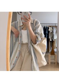 Women Vintage Vertical Striped Oversized Shirt Natural Wooden Button Textured Crinkle Fabric Pocket Loose Long Sleeve Blouse
