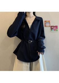 Textured Lapel Long Sleeve Shirt Women V Neck Loose Oversized Waist Belted Tunic Casual Blouse