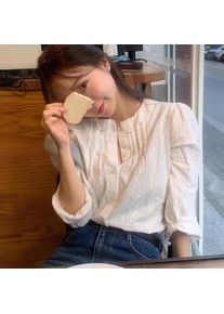 Women's White Eyelet Embroidered Blouse with Lace Ruffled Collar, Vintage Long Sleeve Button-Down Shirt ﻿