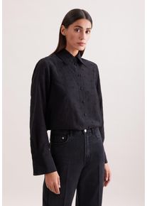 Hemdbluse Seidensticker, Damen, Gr. XXL (44), schwarz, 60% Baumwolle, 40% Ramie, unifarben, regular fit, ohne Ausschnitt, Blusen Hemdbluse, 1/1 Kragen Stickerei