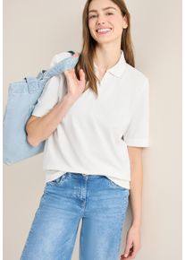 Poloshirt Cecil, Damen, Gr. XS (36), wei&szlig; (vanillewei&szlig;), Piqu&eacute;, Obermaterial: 48% Baumwolle, 48% Modal, 4% Elasthan, unifarben mit Farbeinsatz, normal h&uuml;ftbedeckend, V-Ausschnitt, Shirts Poloshirt, mit Kontrast-Streifen und V-Ausschnitt