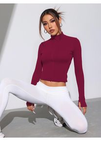 Cozy Rib Knit Full-Zip Jacket, Form-Fitting High Neck Top for Layering in Cold Weather & Indoor Wear