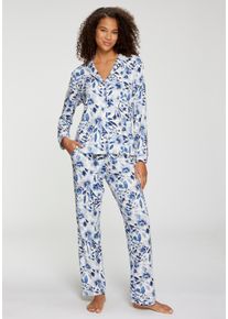 Pyjama Lascana, Damen, Gr. 44/46, blau gebl&uuml;mt, Single Jersey, Obermaterial: 50% Baumwolle, 45% Viskose, 5% Elasthan, gebl&uuml;mt, figurumspielend h&uuml;ftlang, V-Ausschnitt, eingesetzt Manschette, Homewear-Sets Pyjama, mit Blumen-Alloverprint
