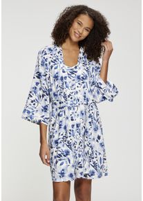 Kimono Lascana, Damen, Gr. 40/42, blau gebl&uuml;mt, Baumwoll-Mix, gemustert, Kurzform, Hausm&auml;ntel Kimono, Sch&ouml;ner Blumendruck