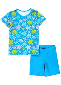 Badeanzug AQUARTI "Badeanzug Baby M&auml;dchen Zweiteiler Badeanzug Bade-Set Bade T-Shirt Badehose", Kinder, Gr. 80, N-Gr, blau (muscheln seesterne blau gelb), Obermaterial: 80% Polyester PES. 20% Elasthan EL., Badeanz&uuml;ge Badeanzug