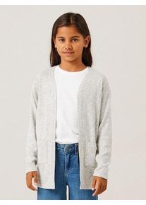 Strickjacke name it "NKFVICTI &ndash; Cardigan ohne Verschluss aus Feinstrick", M&auml;dchen, Gr. 98, grau (grau melange), Feinstrick, Obermaterial: 84% Viskose, 14% Polyester, 2% Elasthan, meliert, unifarben, normal Po-bedeckend, V-Ausschnitt, blind abgesteppte Kante, Strickjacken Strickjacke, unifarben, casual, regular fit, Feinstrick, V-Ausschnitt