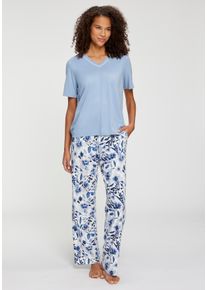 Pyjama Lascana, Damen, Gr. 48/50, blau (blau, blau gebl&uuml;mt), Single Jersey, Obermaterial: 50% Baumwolle, 45% Viskose, 5% Elasthan, gebl&uuml;mt, unifarben, loose fit h&uuml;ftlang, V-Ausschnitt, Homewear-Sets Pyjama, mit bedruckter Hose