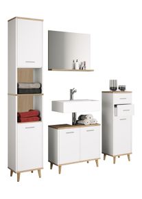 Badm&ouml;bel-Set Vcm "4-tlg. Komplett Badm&ouml;bel Badschrank Set Landos l", braun (wei&szlig;, honig, eiche), B:124cm T:28cm, Obermaterial: 100% Holz Wood., Schr&auml;nke, Badm&ouml;bel-Set