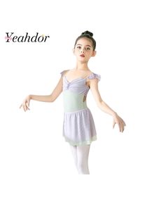 Ballerina Clothes Kids Girls Ruffle Sleeve Mesh Patchwork Ruched Gymnastics Leotard with Skirt for Ballet Dance Practice