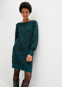 Strickkleid bonprix "Strickkleid", Damen, Gr. 44/46 (L), K-Gr, gr&uuml;n (dunkelgr&uuml;n leo), Strick, Obermaterial: 100% Polyacryl, gemustert, slim fit ca. Mitte Oberschenkel, Rundhals, weit Strickb&uuml;ndchen, Kleider Strickkleid, schmale Passform, Minikleid, Kurzgr&ouml;&szlig;e, Animal-Muster