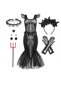 Horro Mermaid Skeleton Costume for Littler Girls Halloween Gothic Princess Trumpet Dress Black Ariel Siren Cosplay Apparel Frock