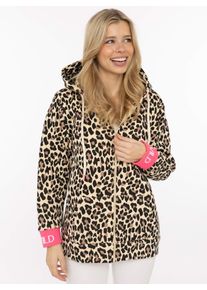 Kapuzensweatjacke Zwillingsherz "WILD WILD", Damen, Gr. S/M, beige, Sweatware, Obermaterial: 50% Baumwolle, 50% Polyester, Sweatjacken Kapuzensweatjacke, Leomuster, Kapuze mit Kordel, B&uuml;ndchen mit WILD Print, Zipper