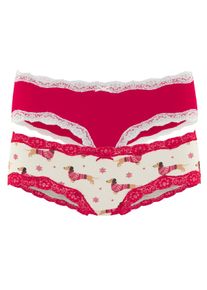 Hipster Lascana, Damen, Gr. 48/50, 2 Stk., rot, beige, Jersey, Obermaterial: 95% Baumwolle, 5% Elasthan. Spitze: 90% Polyamid, 10% Elasthan. Zwickel: 95% Baumwolle, 5% Elasthan, bedruckt, Unterhosen Hipster, mit floraler Spitze