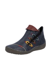 Stiefelette Rieker, Damen, Gr. 42, blau, Lederimitat, Schuhe Stiefelette, Schlupfboots, Slipper mit bunten Applikationen seitlich